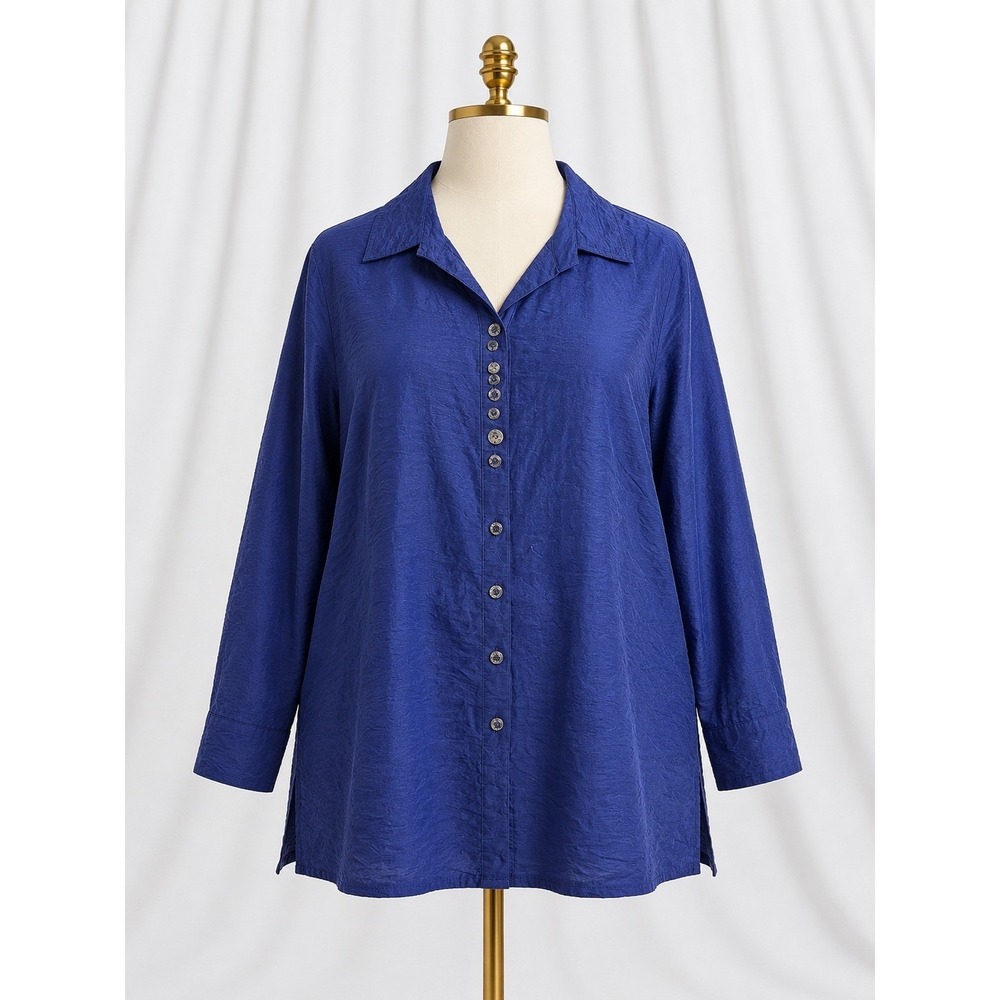 Ali Miles Button Down Top Blue Silver Novelty Buttons Lagenlook Artsy Large